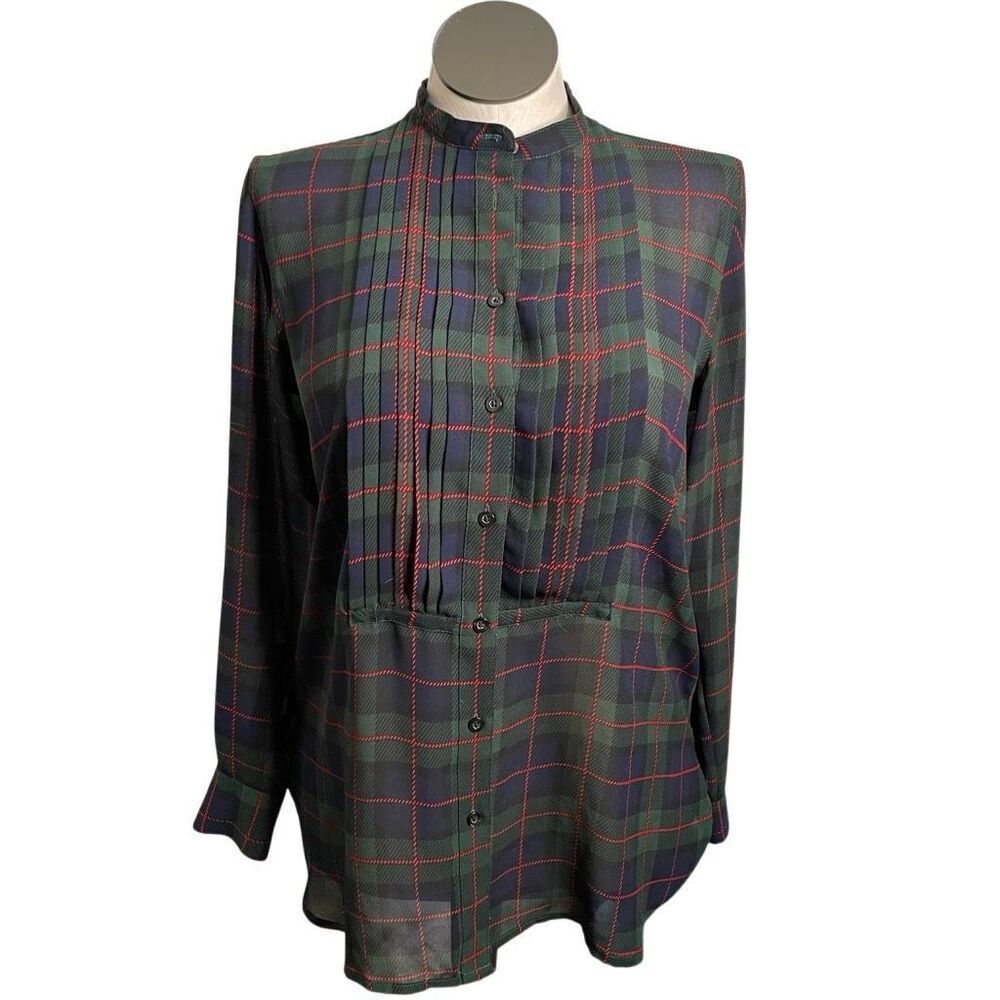 CHAPS Womens Chiffon Tunic M Preppy Tartan Plaid Pintucked Band Collar Holiday